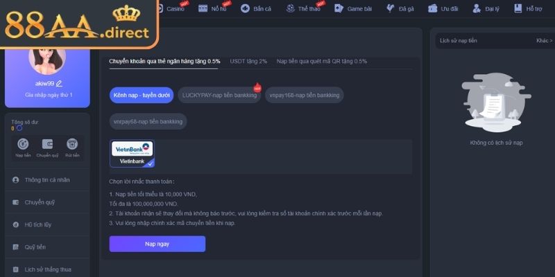 Đa dạng các hình thức nạp rút tiền 88AA
