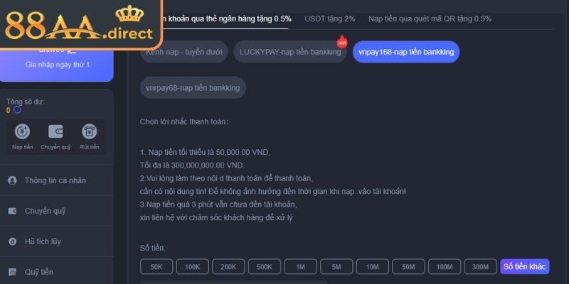 Nạp rút tiền 88AA ví điện tử